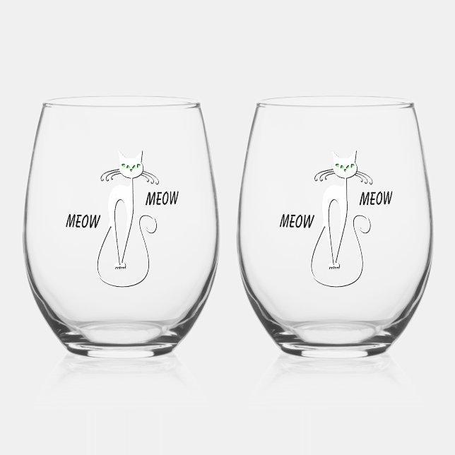 Slinky Black Cat Meow Meow Custom Text Green Eyes Stemless Wine Glass (Front)