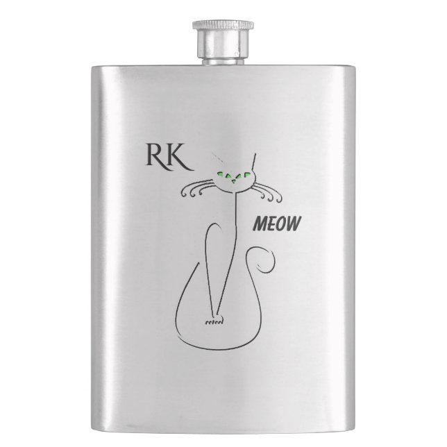 Slinky Black Cat Meow Meow Green Eyes Monogramr Hip Flask (Front)