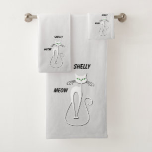 Slinky Black Cat Meow Meow Green Eyes on silver Bath Towel Set
