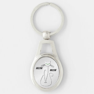 Slinky Black Cat Meow Meow Green Eyes on Silver Key Ring