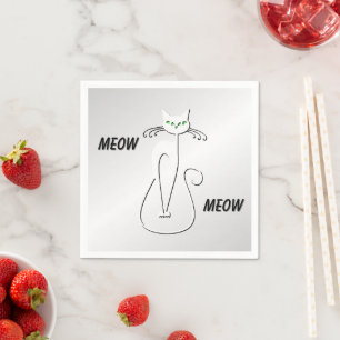 Slinky Black Cat Meow Meow Green Eyes on silver Napkin