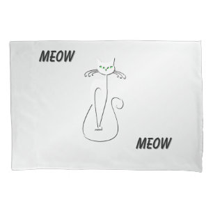 Slinky Black Cat Meow Meow Green Eyes on silver Pillowcase