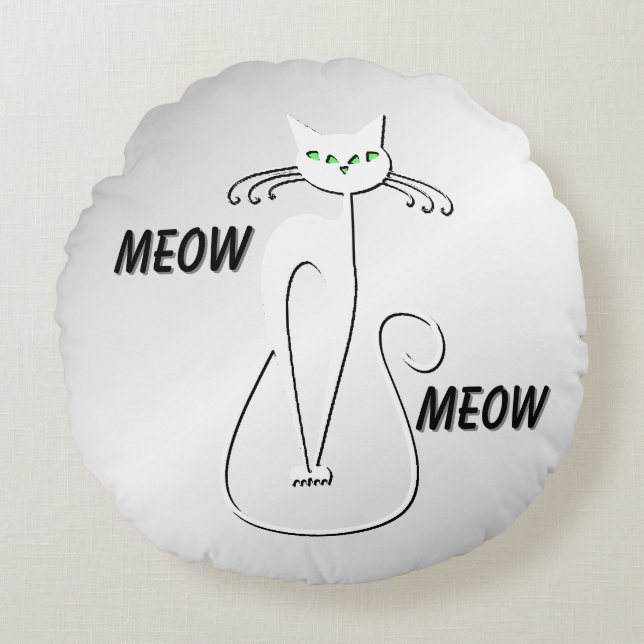 Slinky Black Cat Meow Meow Green Eyes on silver Round Cushion (Front)