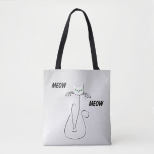 Slinky Black Cat Meow Meow Green Eyes on Silver Tote Bag
