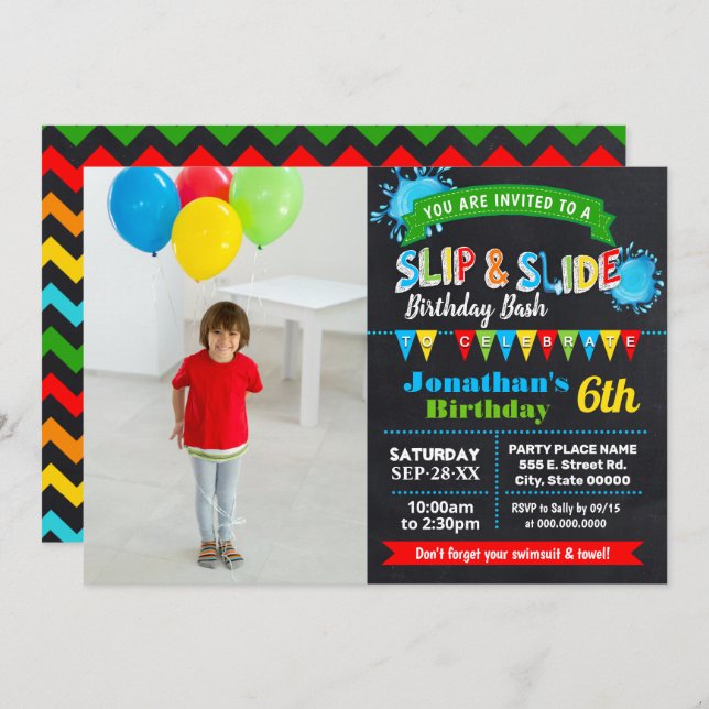 Slip and slide birthday bash chalkboard photo invitation (Front/Back)