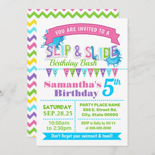 Slip and slide birthday bash pink teal green party invitation (Front/Back)