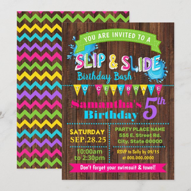 Slip and Slide Hot Pink birthday summer bash party Invitation (Front/Back)