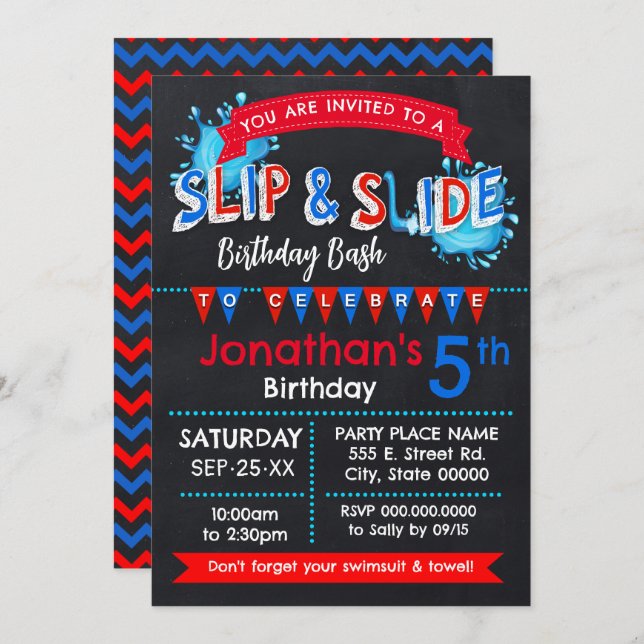 Slip and Slide Summer Birthday Bash Red White Blue Invitation (Front/Back)