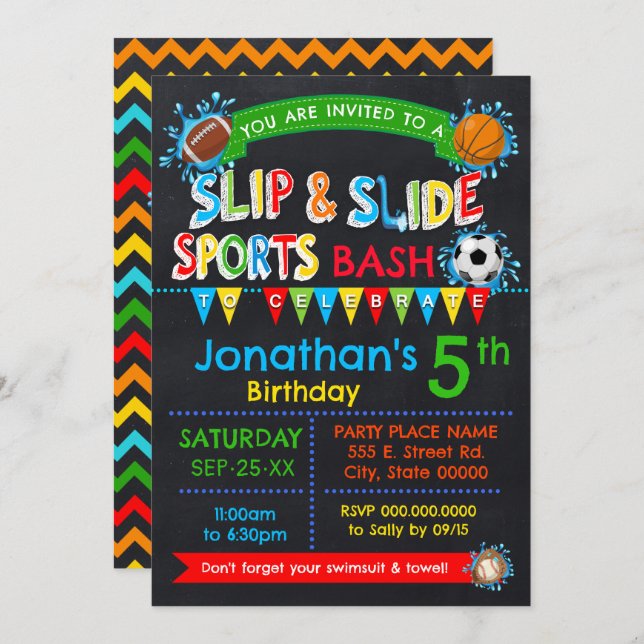 Slip & Slide Sports Birthday Bash Primary Colours Invitation (Front/Back)