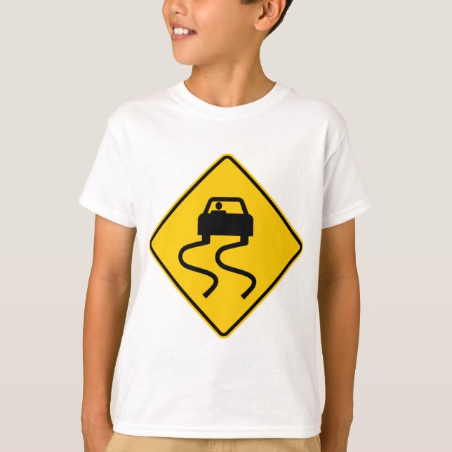 Slippery When Wet Highway Sign T-Shirt (Front)