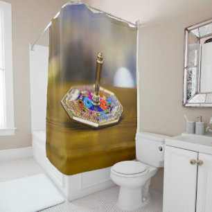 SlipperyJoe Hanukkah dreidel gift octagonal base b Shower Curtain