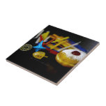 SlipperyJoe Hanukkah symbolic still life holiday e Ceramic Tile<br><div class="desc">SlipperyJoe Hanukkah symbolic still life holiday essence vibrant meaningful objects colourful slender pile menorah candles artistic red blue yellow and white sufganiyah doughnut classic jelly-filled commemorate miracle of the oil dreidels metallic gold glossy blue Hebrew great miracle happened there metallic pewter star of David medallion light resilience community themes spiritual...</div>