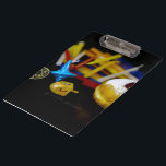 SlipperyJoe Hanukkah symbolic still life holiday e Clipboard<br><div class="desc">SlipperyJoe Hanukkah symbolic still life holiday essence vibrant meaningful objects colourful slender pile menorah candles artistic red blue yellow and white sufganiyah doughnut classic jelly-filled commemorate miracle of the oil dreidels metallic gold glossy blue Hebrew great miracle happened there metallic pewter star of David medallion light resilience community themes spiritual...</div>
