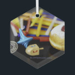 SlipperyJoe Hanukkah symbolic still life holiday e Glass Tree Decoration<br><div class="desc">SlipperyJoe Hanukkah symbolic still life holiday essence vibrant meaningful objects colorful slender pile menorah candles artistic red blue yellow and white sufganiyah doughnut classic jelly-filled commemorate miracle of the oil dreidels metallic gold glossy blue Hebrew great miracle happened there metallic pewter star of David medallion light resilience community themes spiritual...</div>