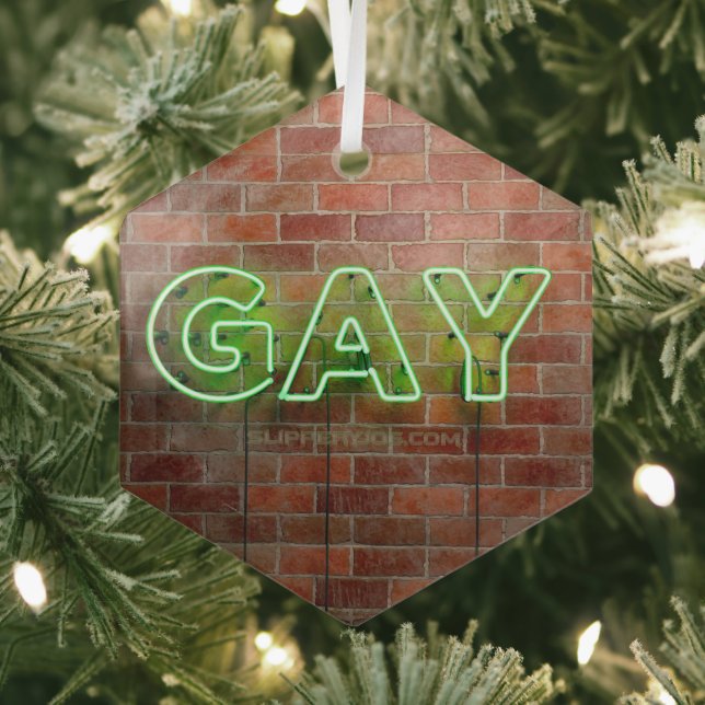 SlipperyJoe illuminated gay neon sign bright vivid Glass Tree Decoration (Insitu)