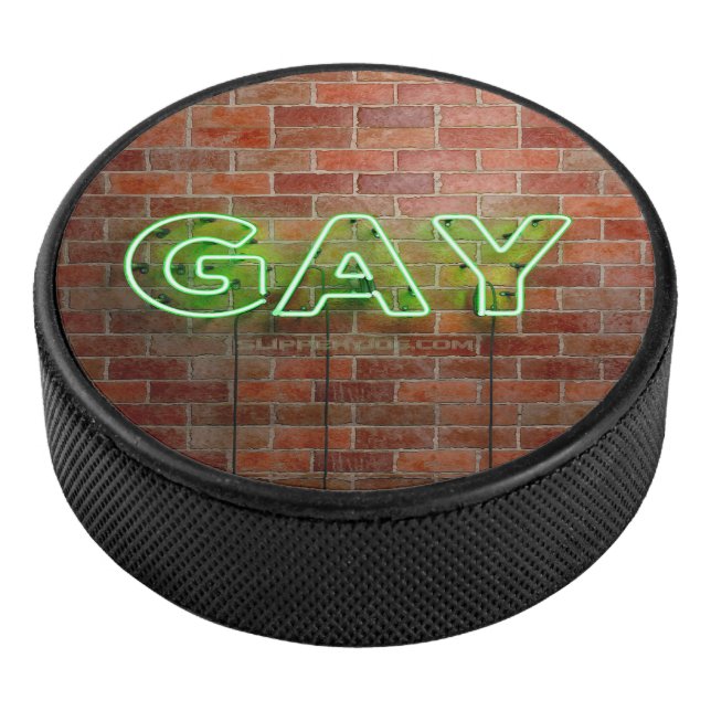 SlipperyJoe illuminated gay neon sign bright vivid Hockey Puck (3/4)