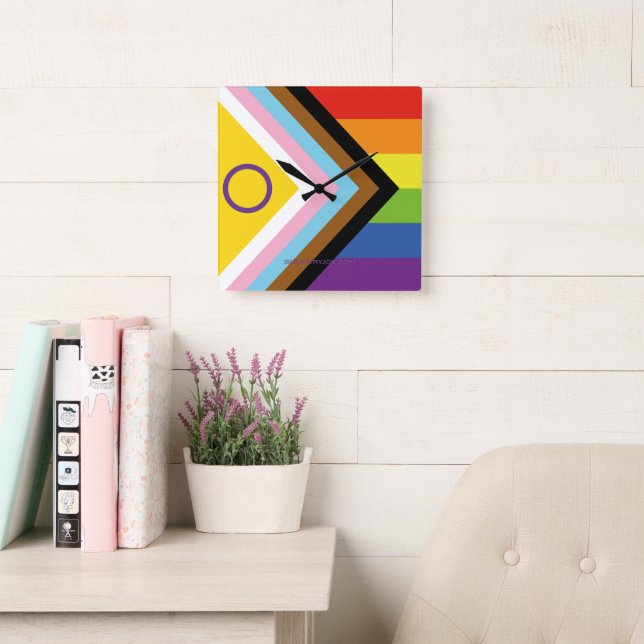 SlipperyJoe Intersex Progress Pride Flag rainbow s Square Wall Clock (Reading Room)