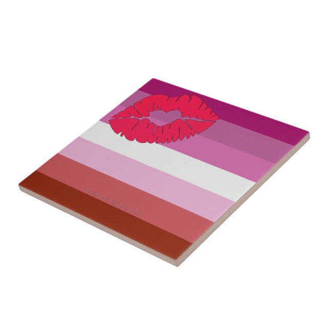 SlipperyJoe lipstick lesbian pride flag feminine c Ceramic Tile (Side)
