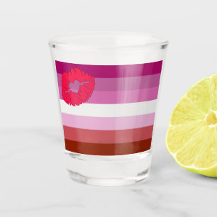 SlipperyJoe lipstick lesbian pride flag feminine c Shot Glass
