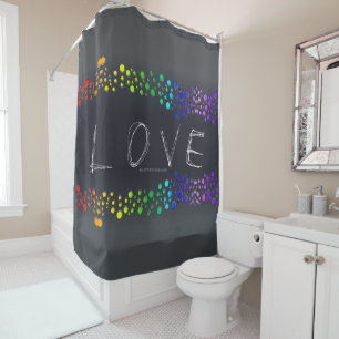 SlipperyJoe love bubbles red orange yellow green c Shower Curtain