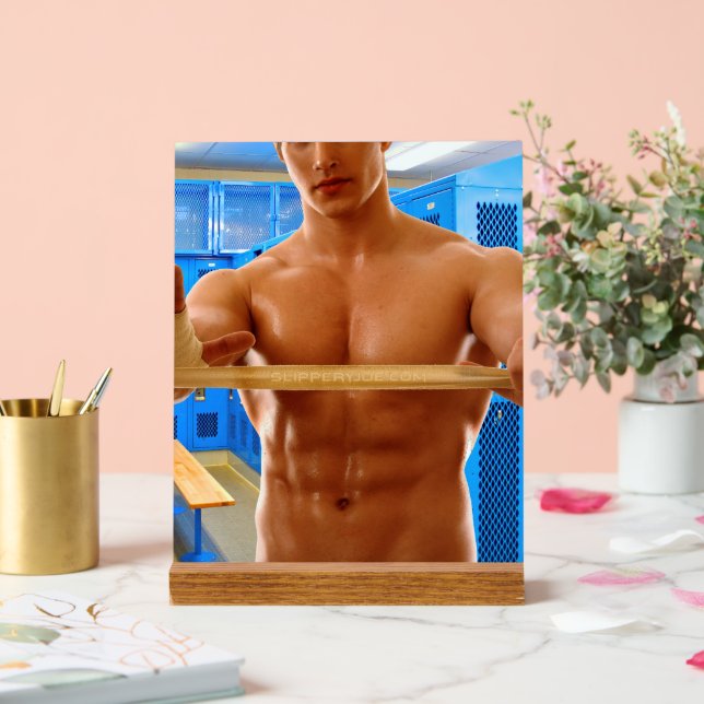 SlipperyJoe muscular man abs locker room tiled flo Acrylic Sign (Wedding)