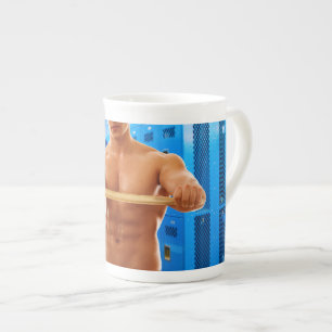 SlipperyJoe muscular man abs locker room tiled flo Bone China Mug