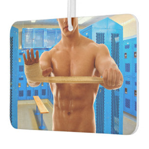 SlipperyJoe muscular man abs locker room tiled flo Car Air Freshener