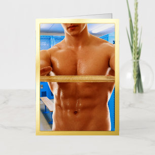 SlipperyJoe muscular man abs locker room tiled flo Foil Greeting Card