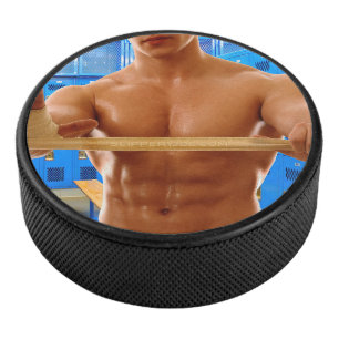 SlipperyJoe muscular man abs locker room tiled flo Hockey Puck
