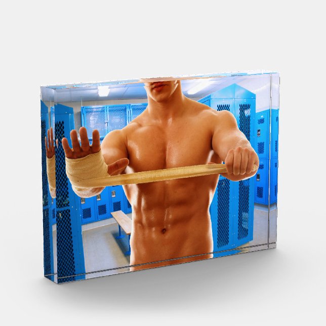 SlipperyJoe muscular man abs locker room tiled flo Photo Block (Left)