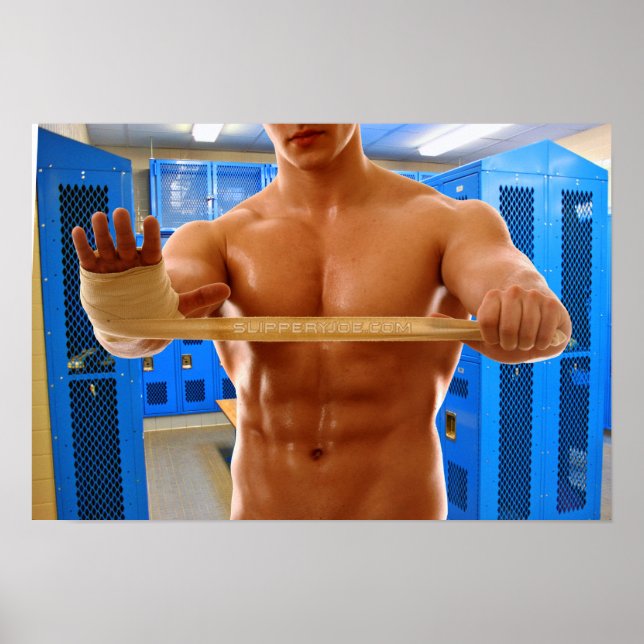 SlipperyJoe muscular man abs locker room tiled flo Poster (Front)