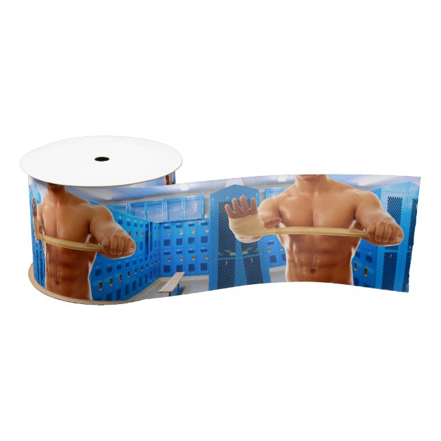 SlipperyJoe muscular man abs locker room tiled flo Satin Ribbon (Spool)