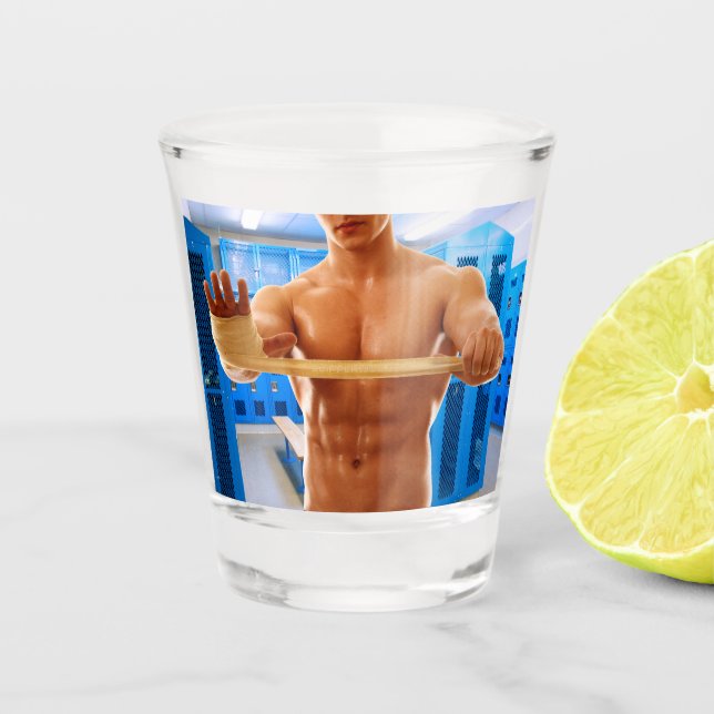 SlipperyJoe muscular man abs locker room tiled flo Shot Glass (Front)
