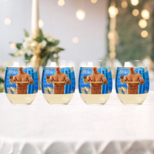 SlipperyJoe muscular man abs locker room tiled flo Stemless Wine Glass