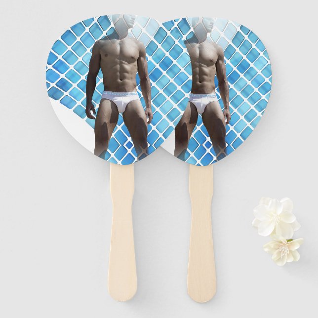 SlipperyJoe muscular man six-pack abs male white u Hand Fan (Front and Back)
