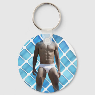 SlipperyJoe muscular man six-pack abs male white u Key Ring