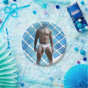 SlipperyJoe muscular man six-pack abs male white u Paper Plate