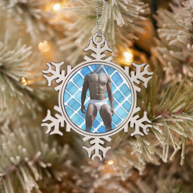 SlipperyJoe muscular man six-pack abs male white u Snowflake Pewter Christmas Ornament (Tree)
