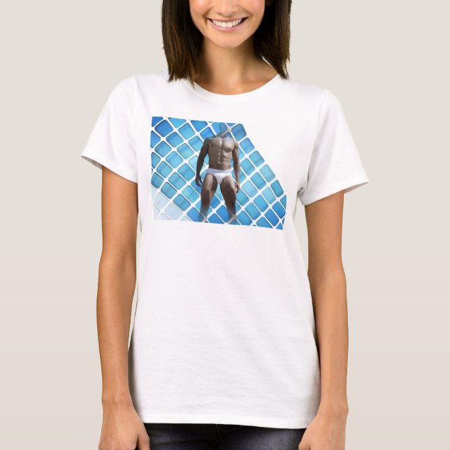 SlipperyJoe muscular man six-pack abs male white u T-Shirt (Front)