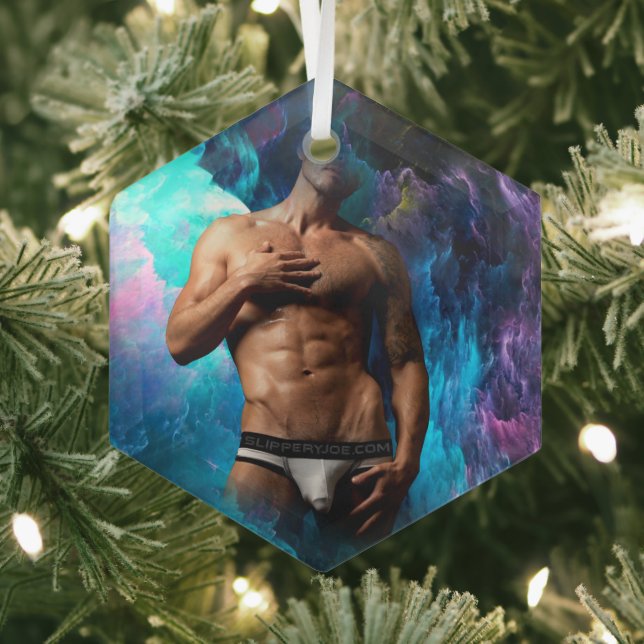 SlipperyJoe muscular man underwear bulge vibrant h Glass Tree Decoration (Insitu)