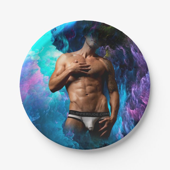 SlipperyJoe muscular man underwear bulge vibrant h Paper Plate (Front)