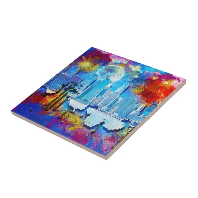SlipperyJoe NYC graffiti moon surrounded swirling  Ceramic Tile (Side)