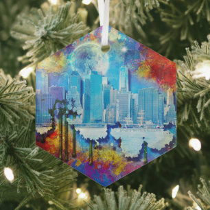 SlipperyJoe NYC graffiti moon surrounded swirling Glass Tree Decoration