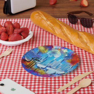 SlipperyJoe NYC graffiti moon surrounded swirling  Paper Plate