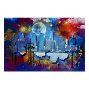 SlipperyJoe NYC graffiti moon surrounded swirling  Poster