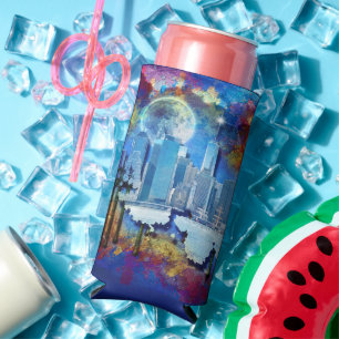 SlipperyJoe NYC graffiti moon surrounded swirling Seltzer Can Cooler