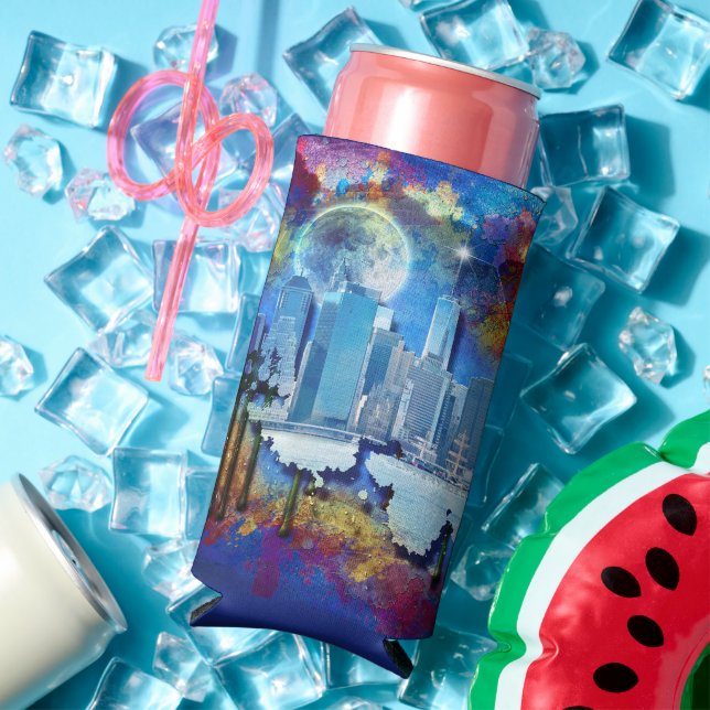SlipperyJoe NYC graffiti moon surrounded swirling  Seltzer Can Cooler (In Situ Summer)