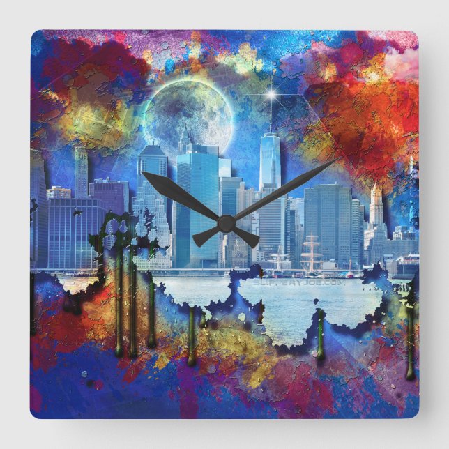 SlipperyJoe NYC graffiti moon surrounded swirling  Square Wall Clock (Front)