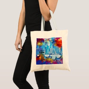 SlipperyJoe NYC graffiti moon surrounded swirling Tote Bag