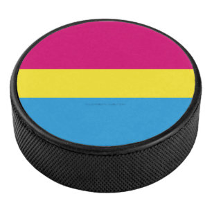 SlipperyJoe pansexual pride flag pink amber and cy Hockey Puck